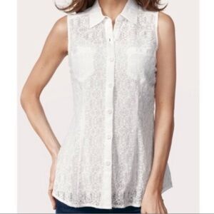 CAbi Cluny Sleeveless White Lace Button Down Tank Size Medium